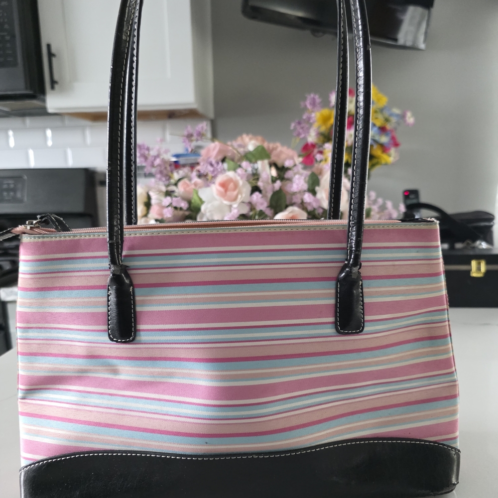 Striped Pink Tote Bag with Black Trim